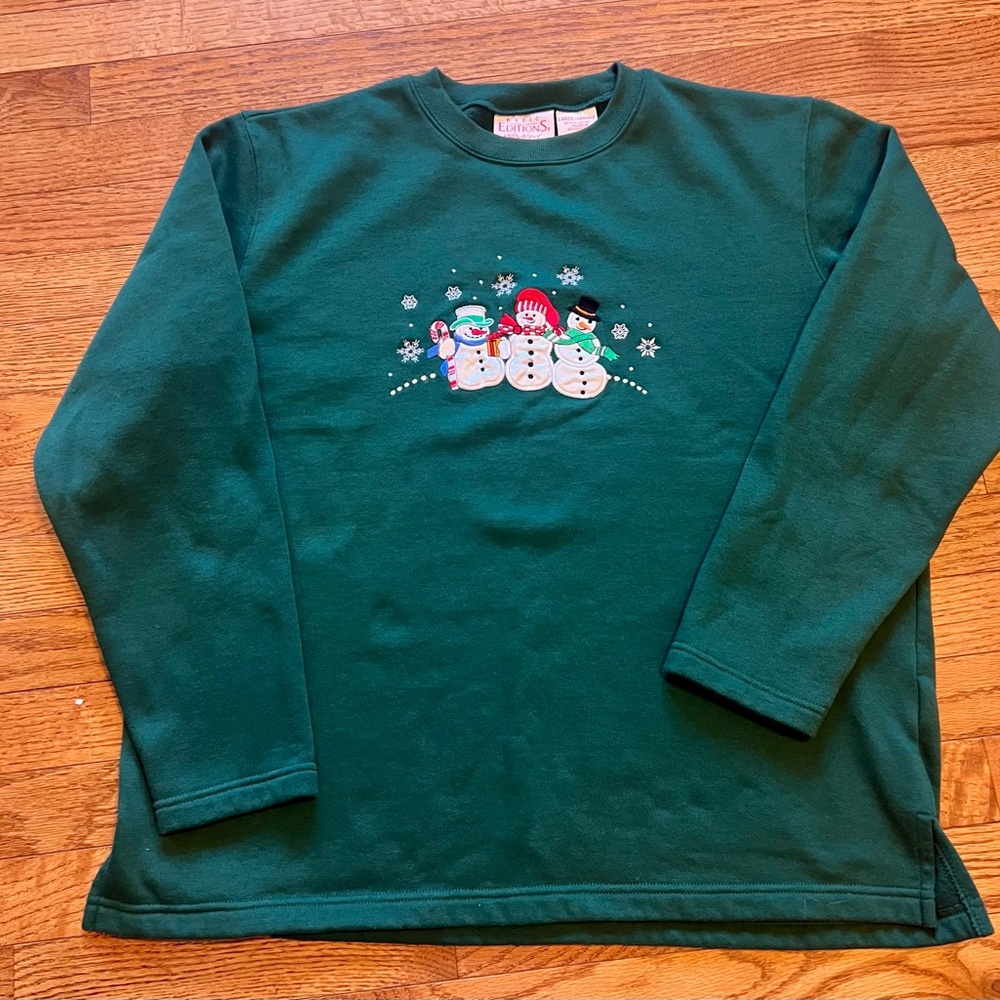 Vintage Basic Editions Embroidered Green Snowman Sweatshirt Large
